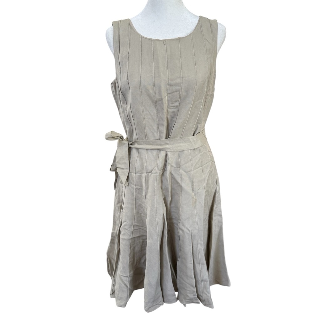 Calvin Klein Dress Sz M Beige Linen Blend Sleeveless Fit & Flare Midi Pleated‎